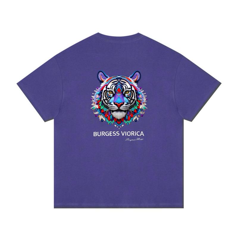 アメリカンレトロトレンディなコントラストカラーのタイガー刺繍ラウンドネック半袖Tシャツカップル夏ルーズカジュアルコットントップ|undefined