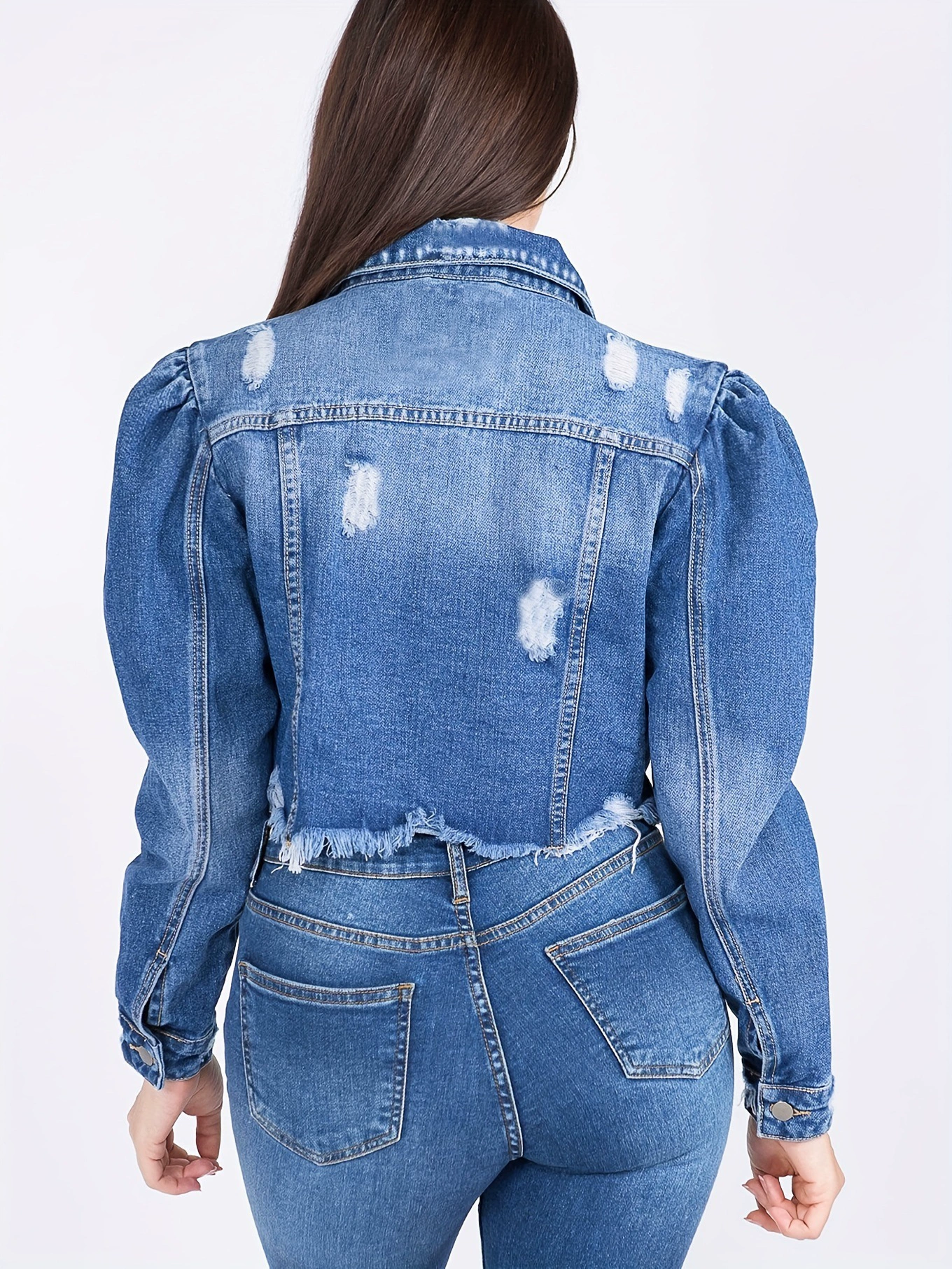 Women's Distressed Blue Denim Jacket with Puff Sleeves -