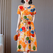 2025新款气质棉绸连衣裙女夏季时尚收腰显瘦中长款人造棉印花裙子