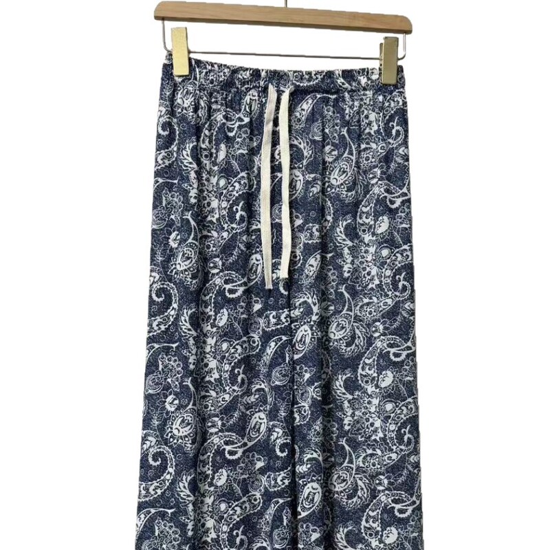 Summer Style Ice Silk Wide-Leg Pants, Denim Print Cropped Pants, Plus Size Mom Pants, Wholesale Export Large-Leg Pants