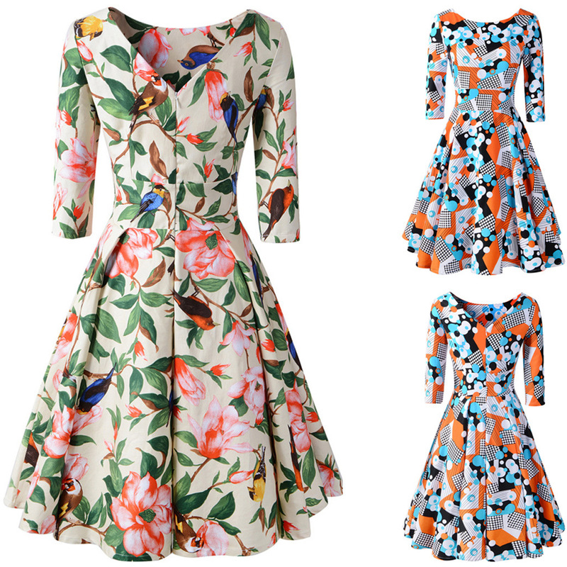 Cross-border Amazon Cotton 50 s autumn and winter round neck 3/4 sleeve printed Hepburn retro long sleeve large swing dress