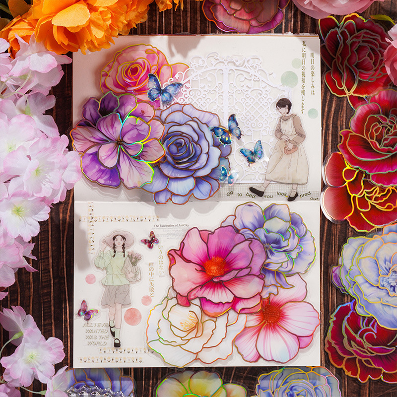 Camelia flor abierta Diario PVC etiqueta impermeable bolsa de papel retro tridimensional dorado pegatinas de flores lindo Diario Goo tarjeta pegatinas