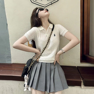 Zhiyun Clothing Korean Style Pony Embroidery Polo Collar Twist Knit Short Sleeve T-Shirt for Women, New Summer Slimming Versatile