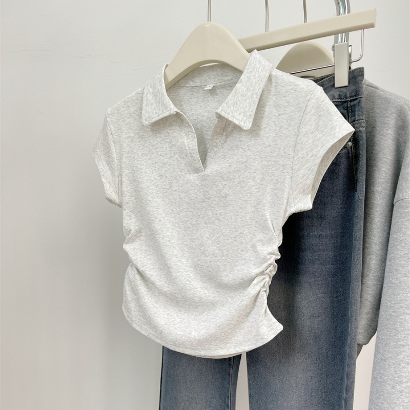 女性用半袖Tシャツ2025夏白ポロカラーラペルトップショートウエストスリムカジュアルデザイン|undefined