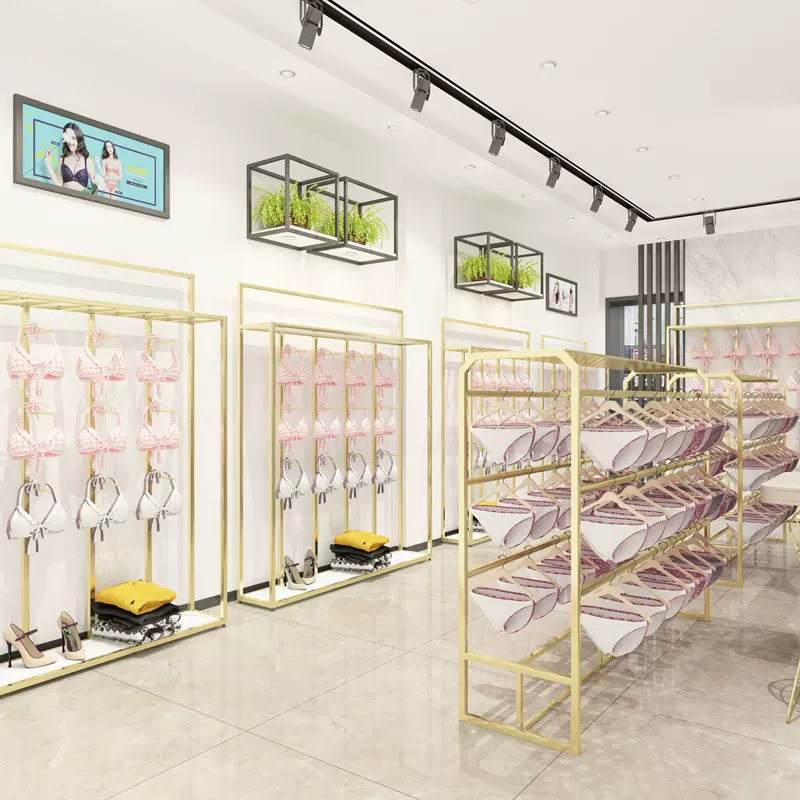 内衣店展示架 店铺文胸内裤货架金色落地式展示柜睡衣中岛架