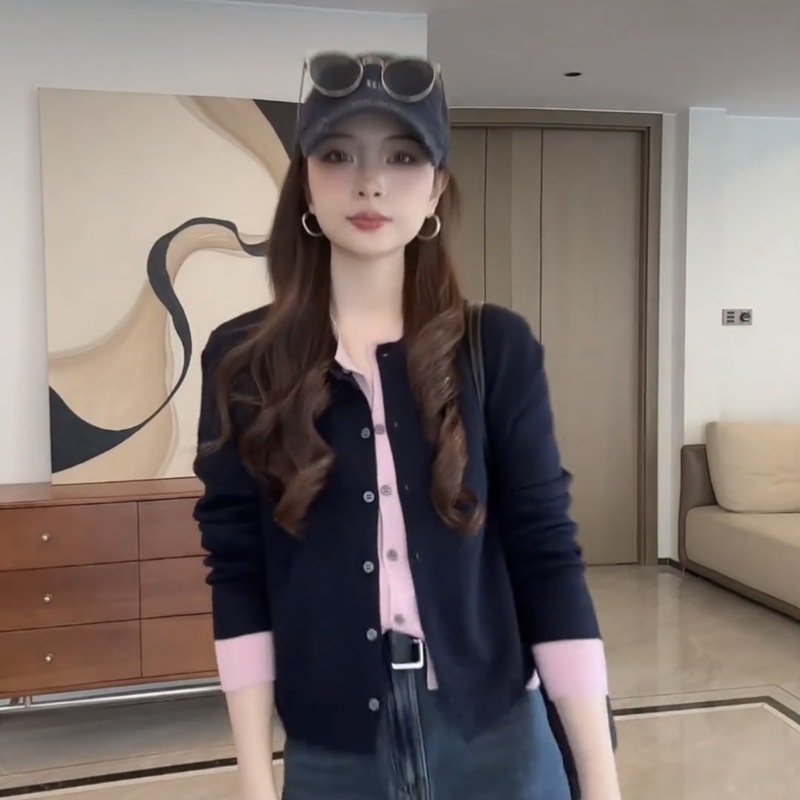 有现货 日常通勤洋气慵懒风宽松百搭显瘦撞色假两件针织衫女|undefined