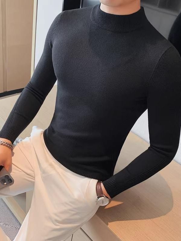 Comercio exterior al por mayor de los hombres a principios de otoño Delgado elástico suéter de Cuello medio SLIM-Fit suéter de rayas de manga de fondo de color sólido