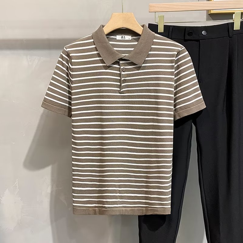 Men's Slim Fit Polo Shirt Striped Short Sleeve Ice Silk T-Shirt Business Casual Lapel Summer Top POLO Clothing_viptrois.com
