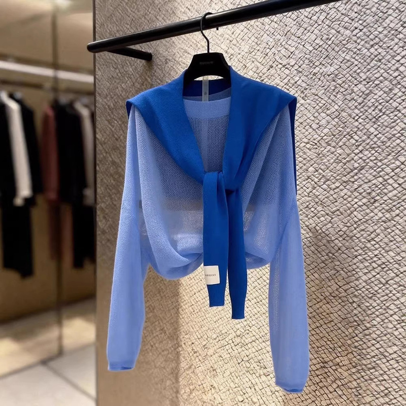 Korean-Style Blue Shawl Layered Round-Neck Long-Sleeve Knit Sweater for Women, New Spring and Autumn Loose Slimming Cover-Up Casual Top