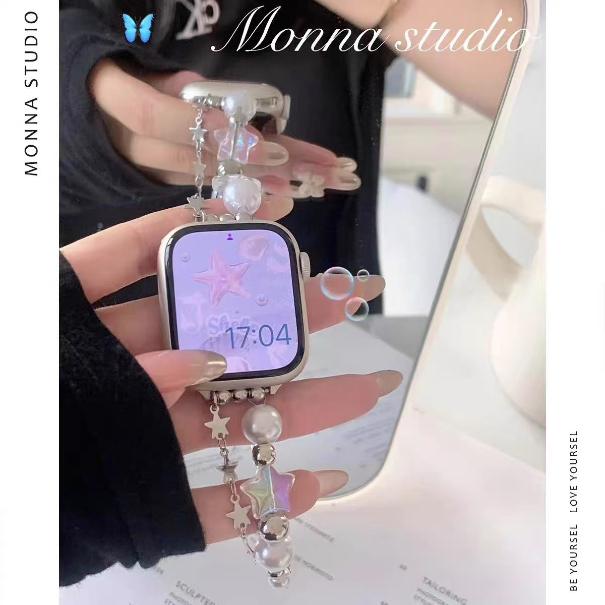 Summer Watch Strap Female Niche Ins Star Pearl Chain Beaded Sweet Cool Iwatch9876 Watch Strap Gas