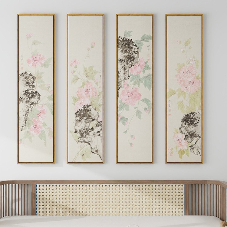 芙蓉花新中式客厅装饰画酒店包间玄关挂画背景墙餐厅花卉四联壁画|undefined