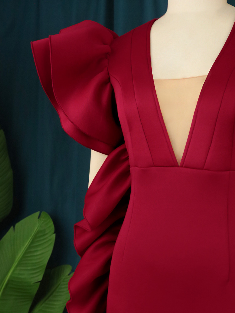 Women's Clothing deep V sexy low cut dress plus size ruffled banquet dress _voghion.com