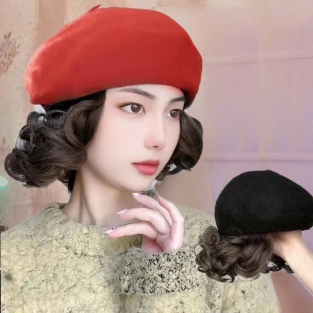 Sombrero peluca integrada moda mujer Otoño e Invierno boina nueva artificial corto rizado peluca natural realista peluca cap