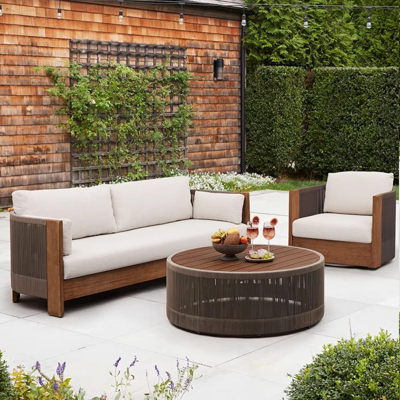 Sofá al aire libre de teca, patio, balcón, ocio, combinación de ratán de madera maciza, terraza de villa al aire libre, silla de ratán impermeable y de protección solar