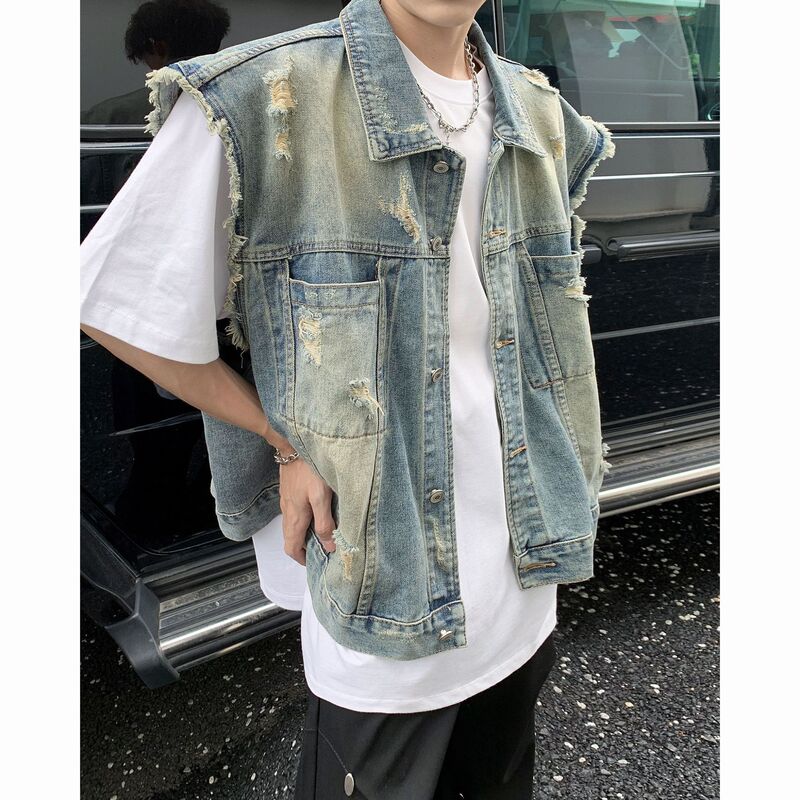 American Retro Raw Edge Denim Vest Jacket for Boys Spring and Summer New Trendy Brand Distressed Loose Work Jacket Outer Wear American Retro Raw Edge Denim Vest Jacket for Boys Spring and Summer New Trendy Brand Distressed Loose Work Jacket Outer Wear