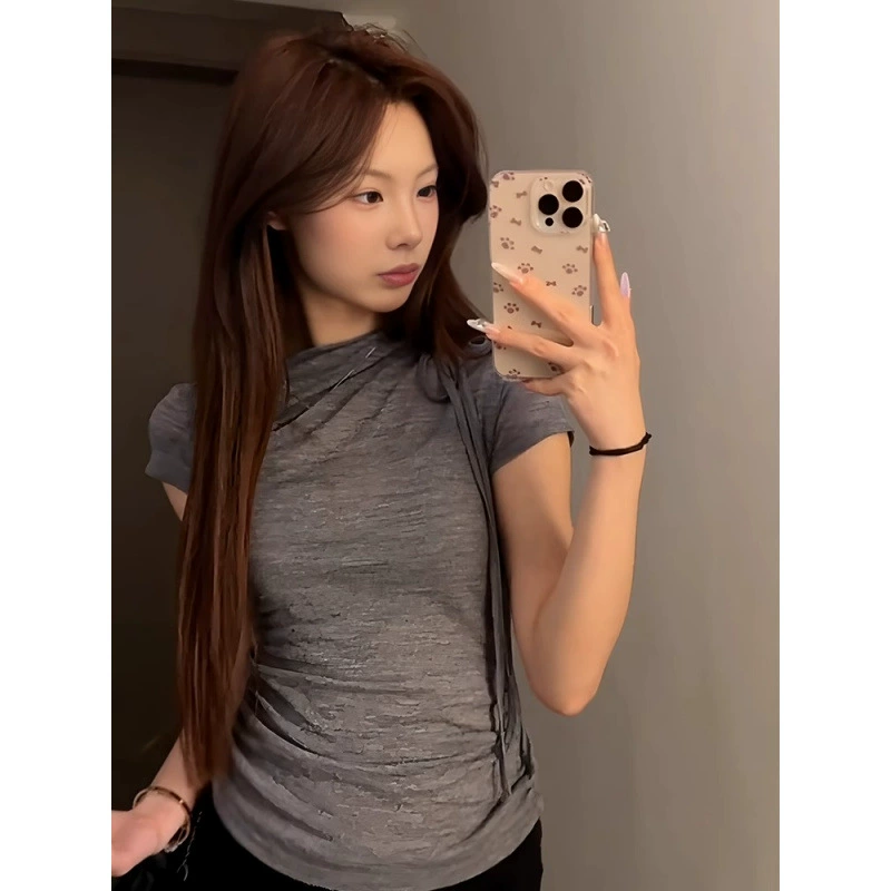 Ретро косой плечо с коротким рукавом женский летний новый серый сморщенный талия шнуровка футболка тонкая нижняя рубашка