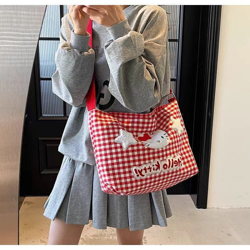 Cute Hello Kitty Plaid Shoulder Bag Female Cartoon Large Capacity Crossbody Canvas Bag Student Class Work Clothing Bag