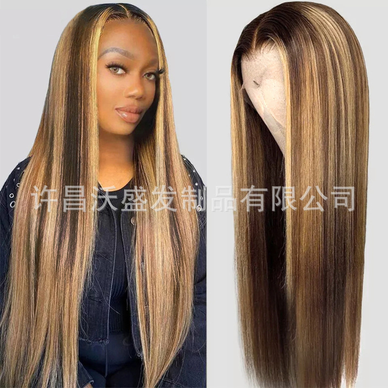 Full Human Hair Wig Headgear Piano Color Straight Strip Highlightlacfront Wig Front Lace Headgear