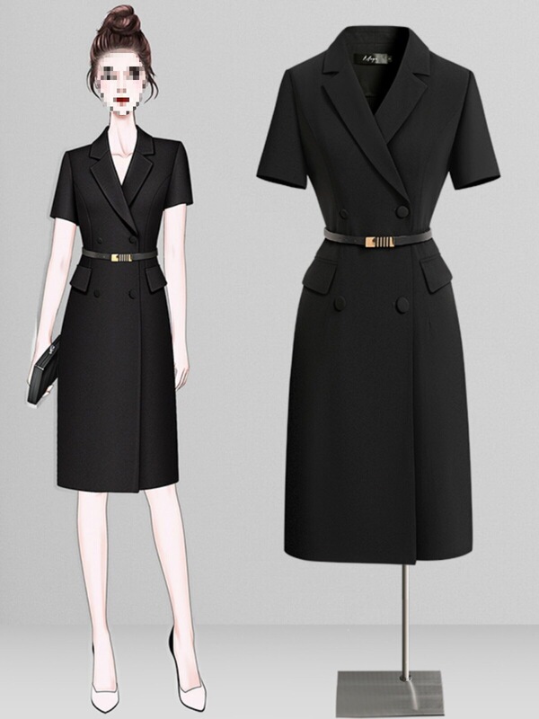 Black Suit Dress Mid-Length Formal Occasion High-End Professional Commuting Interview Suit Dress for Women Summer Black Suit Dress Mid-Length Formal Occasion High-End Professional Commuting Interview Suit Dress for Women Summer
