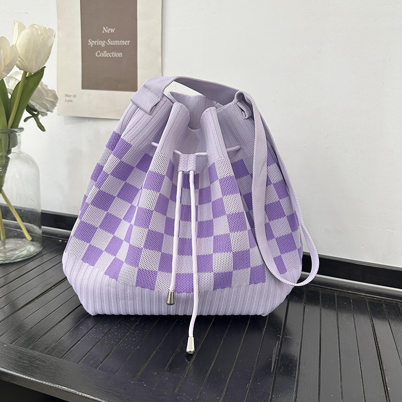 Nuevo bolso de cubo con cordón, bolso de punto, bolso de mano casual de gran capacidad, tablero de ajedrez, bolso tejido de moda de doble clavija