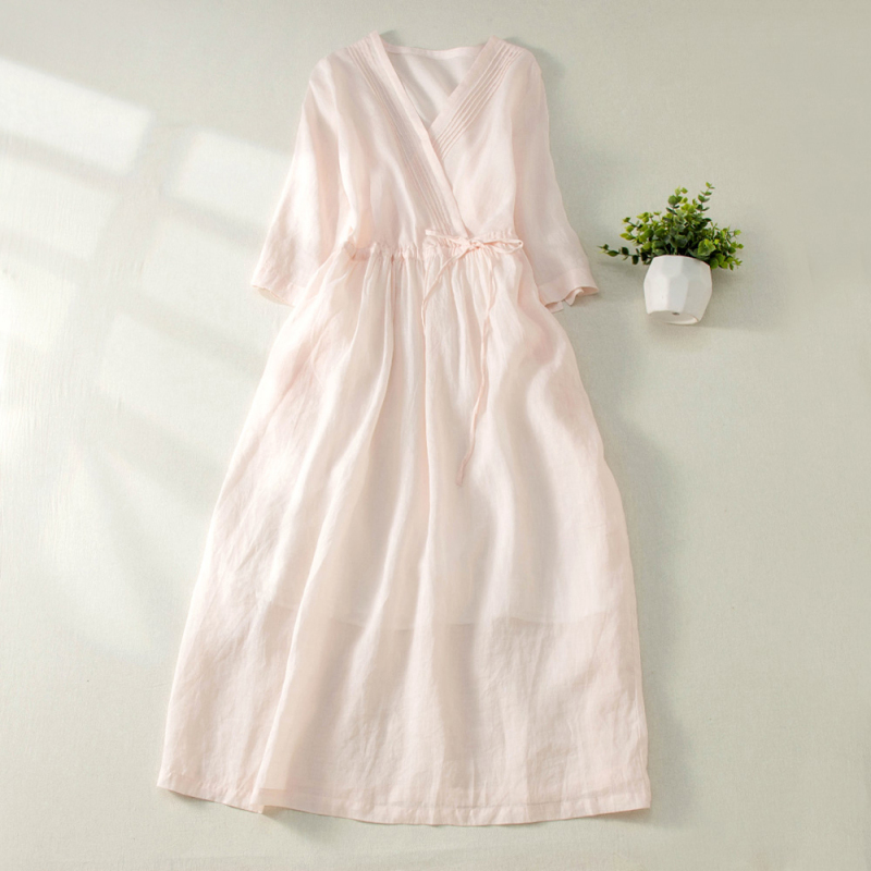 Pick up Leaks Japanese Style Original Ramie Dress Women's Retro V Neck Pleated Waist Three-Quarter Sleeve Cotton Linen Robe 2025