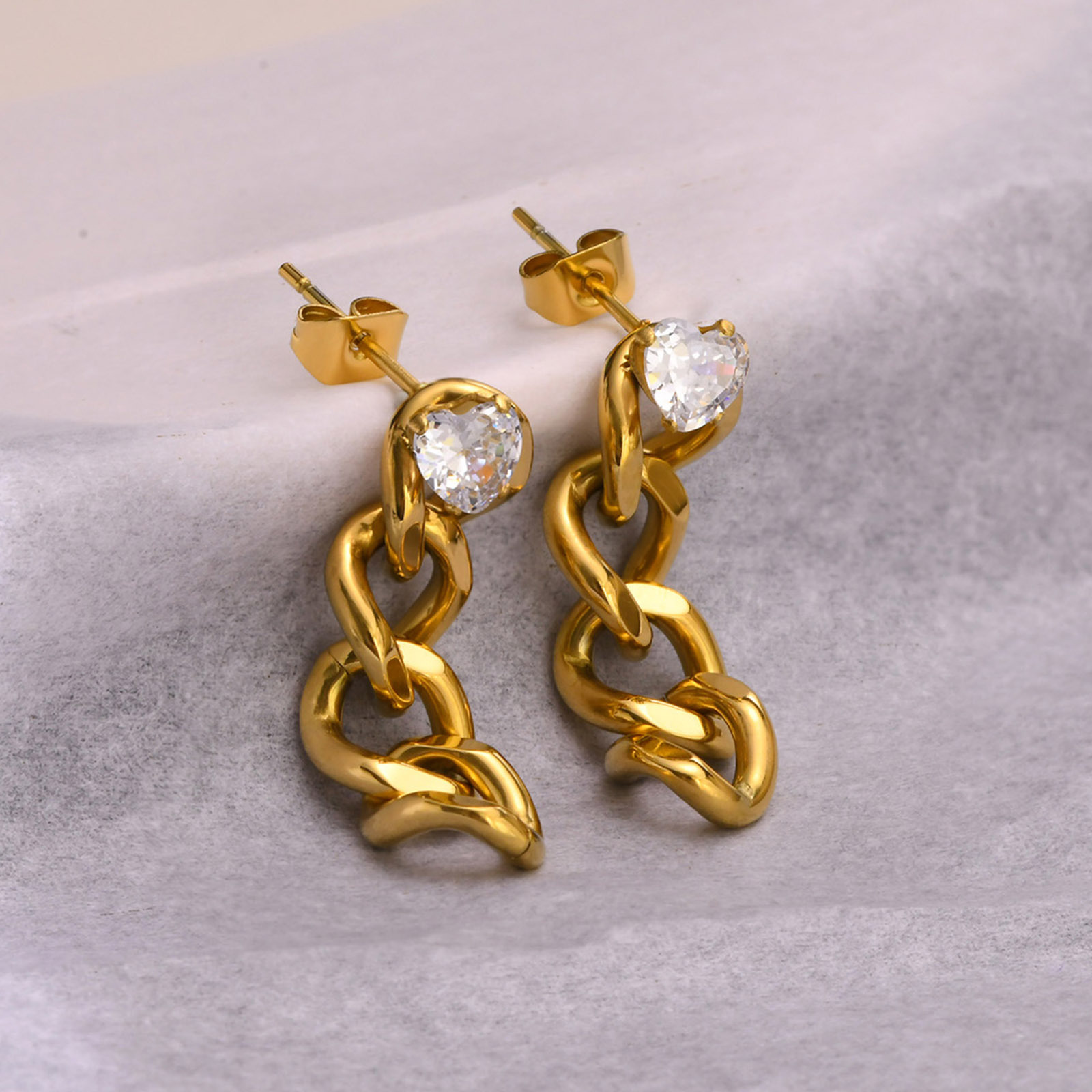 Fashion Heart Shape Stainless Steel Inlay Zircon Drop Earrings 1 Pair