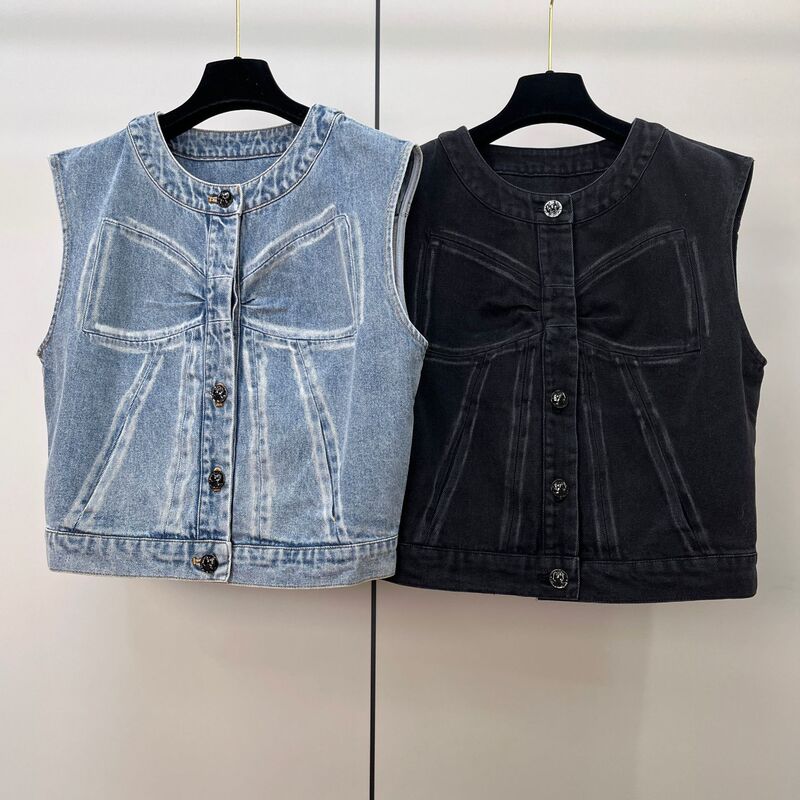 Vintage White Bow Denim Series Women's Chanel Style 25K New Sleeveless Vest Jacket Trendy