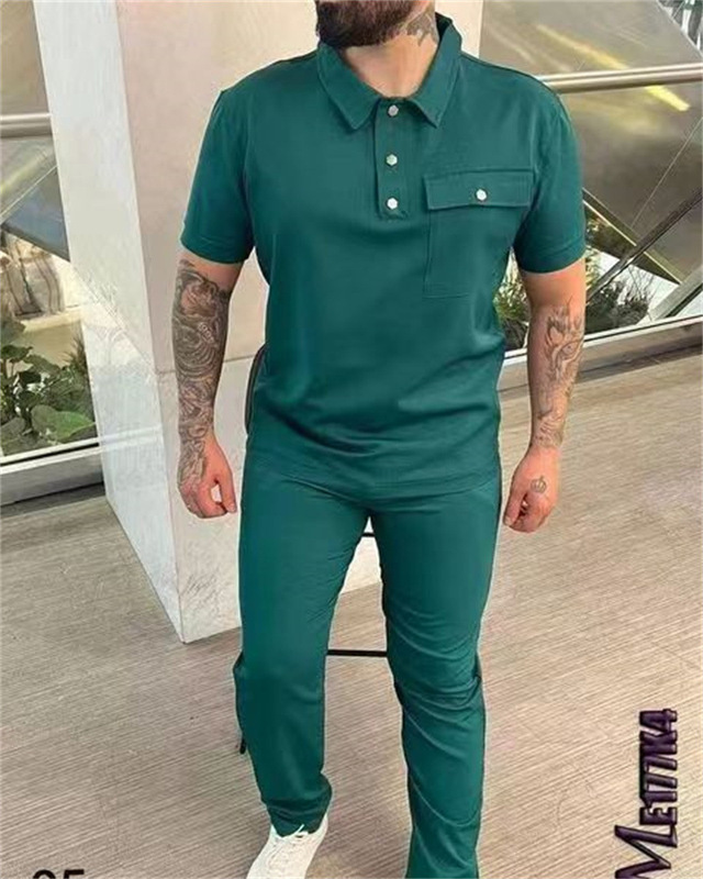 春秋款欧码跨境纯色男士短袖Polo衫+长裤潮流休闲运动套装|undefined