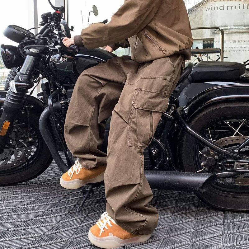 Cotton Work Pants for Men, Japanese Retro Style, Loose Wide-Leg Floor-Length Pants, Trendy Brand with Multiple Pockets, Patchwork Casual Pants