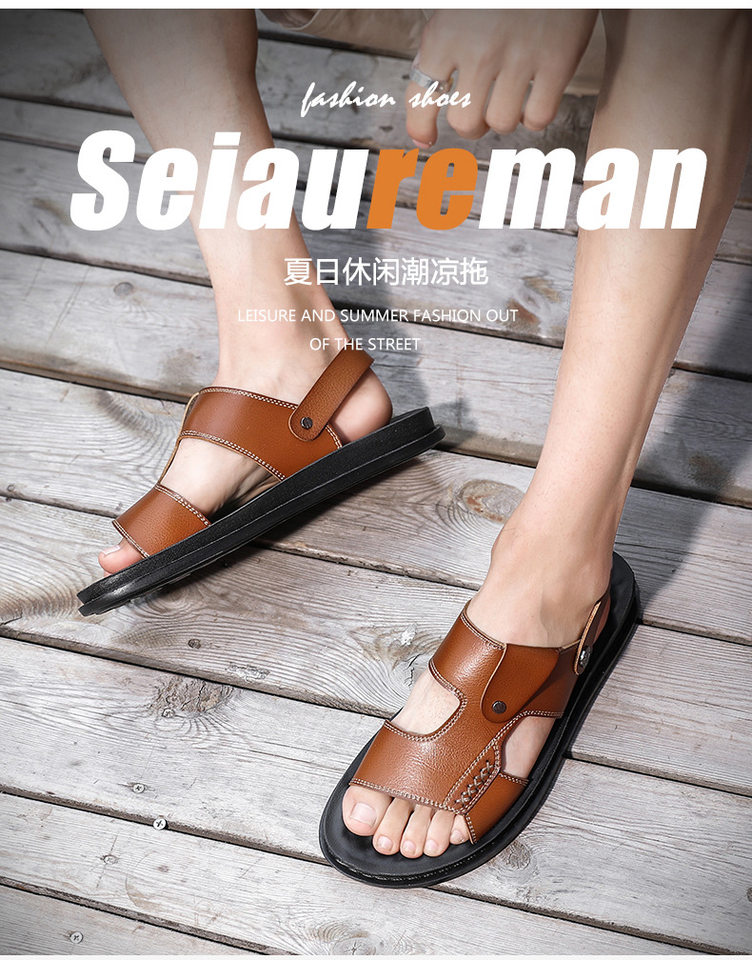 Dép sandal nam quai ngang hở ngón chất liệu da PU chống trơn, size lớn đi ngoài trời — Kaki, Màu xám, Đen toàn bộ, Đỏ rượu chi tiết 2