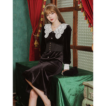 现货Gourcuff女装2025秋冬新款名媛绣花丝绒连衣裙女高腰显瘦裙子