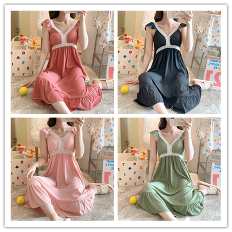 El comercio exterior 2023 camisón de verano pijamas delgados de las mujeres sexy sling Net punto rojo de longitud media con el pecho pad ropa para el hogar