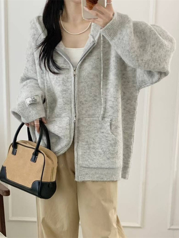 毛衣开衫外套女秋冬软糯连帽拉链新款宽松慵懒风加厚休闲针织上衣|undefined