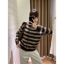 泽黛佳伊复古极简主义!羊毛混纺英伦风经典圆领条纹羊毛针织开衫