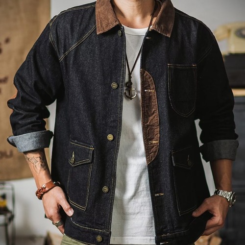 American Retro Heavy Workmanship Multi-Pocket Denim Jacket Color-Collage Irregular Splicing Japanese Style Men's Fashion Top