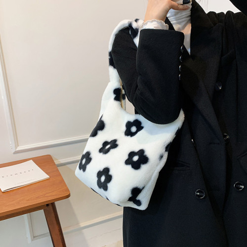 Bags  autumn and winter new Japanese style cute black and white flower plush women's bag furry single shoulder crossbody bag armpit bag