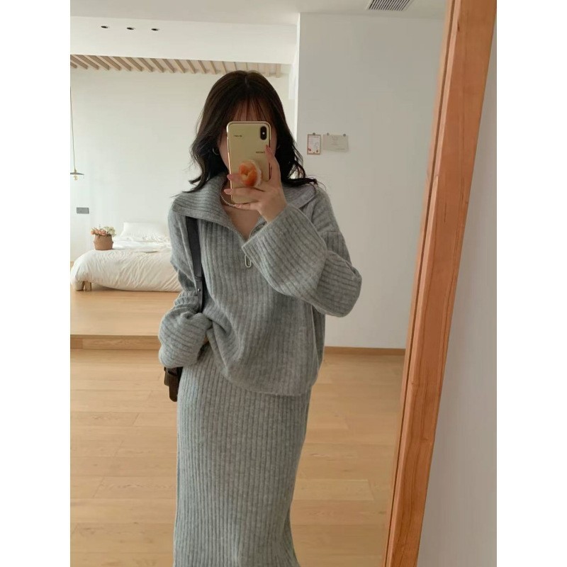 慵懒风半拉链翻领毛衣套装女秋冬季韩版宽松休闲针织半身裙两件套|undefined