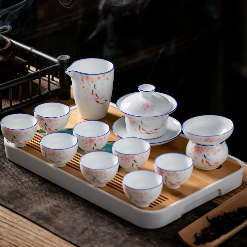 Juego de té de Kung Fu de cerámica de estilo japonés traje de hogar pintado a mano porcelana blanca sancai Tazón de cubierta taza de té tetera