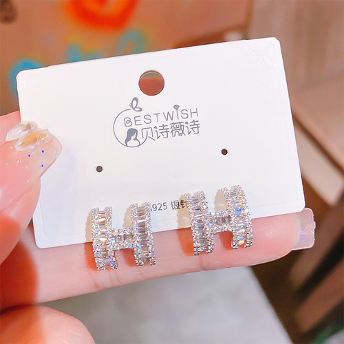 Zircon earrings for women,  new trendy light luxury niche design, high-end French silver letter earrings
