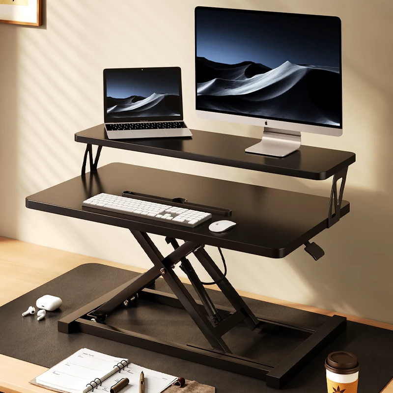 Standing desk, adjustable height computer monitor stand, elevated display stand, and integrated laptop stand with storage