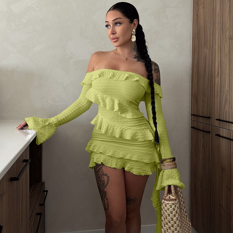 Foreign Trade AliExpress Autumn Women's New Sexy off-shoulder Slim-fit Horn Sleeve Short Ruffled dress Women