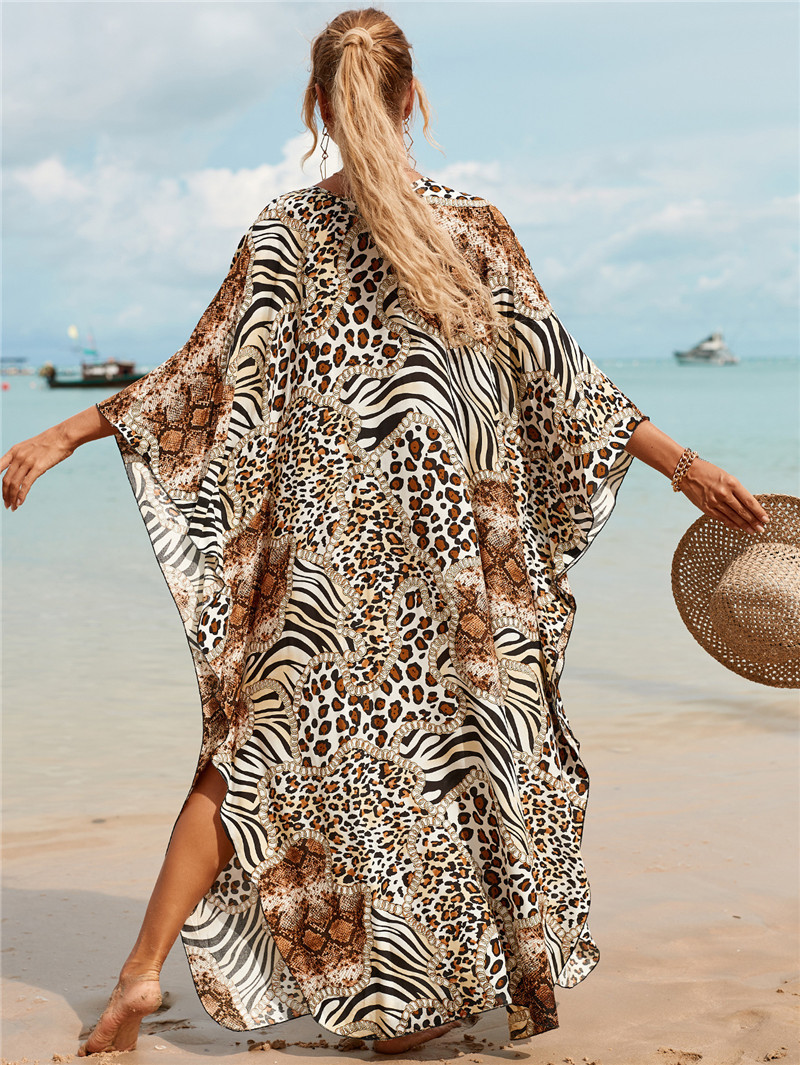 224g Weight Sunscreen Shirt Outerwear Type 3/4 Length Sleeve Sleeve Length Polyester Fabric Type Long Top Length V Neck Neckline Printing, Leopard Pattern Spring&Summer Season Women's Gender Vacation, Beach Style Women's Printing Leopard Vacation Beach Cover Ups 90
