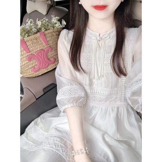 New Women's Dopamine Chiffon Bubble Sleeve White First Love Western Style Lace Court French Super Fairy Over-the-Knee dress
