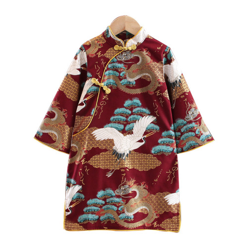 Girls' cheongsam autumn new children's Chinese style hot stamping buckle retro Hanfu dress baby one-year-old dress