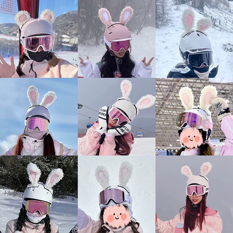 Cute Rabbit Ears Battery Car Helmet Decoration Motorcycle Helmet Cartoon Curly Ski Helmet Internet Popular Fashion