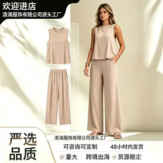 2026新款跨境女士套装女士无袖纯色上衣亚麻质感阔腿裤休闲两件套
