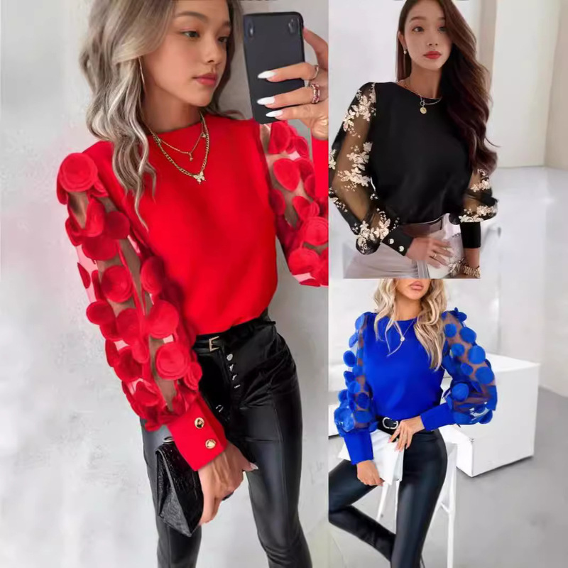 2023 independent station wish Amazon foreign trade autumn long sleeve fashion round neck petal sleeve shirt women's clothing 2023 independent station wish Amazon foreign trade autumn long sleeve fashion round neck petal sleeve shirt women's clothing