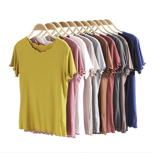 Pure Color Women's Summer Fitted Versatile Top Thin Half-Sleeve Modal Solid Color Base Shirt with Earlap Round Neck Short Sleeve