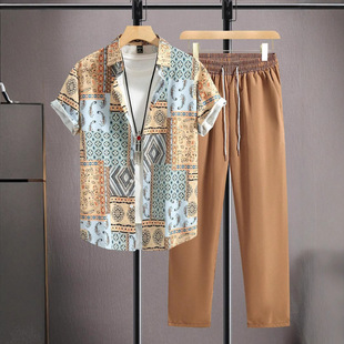 Cross-Border European and American Export 2025 Fashion Casual Ethnic Style Printed Short-Sleeved Shirt and Pants Suit Breathable and Comfortable