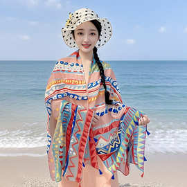 长款丝巾挂须流苏棉麻印花围巾女新款跨境小清新文艺旅游防晒披肩